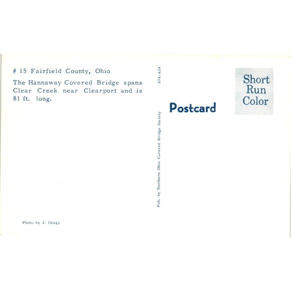 Fairfield County Ohio Hannaway Covered Bridge Postcard Travel Souvenir Unposted - Picture 2 of 2